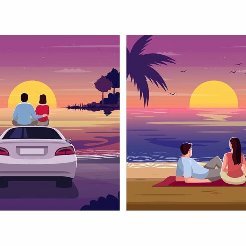 Couple watch sunset illustration cover image.