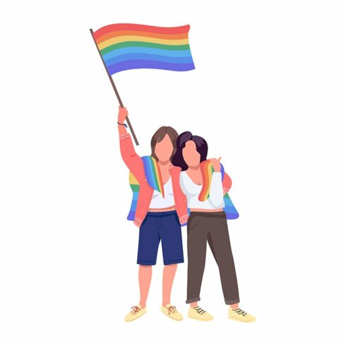 Lesbian couple with rainbow flag cover image.