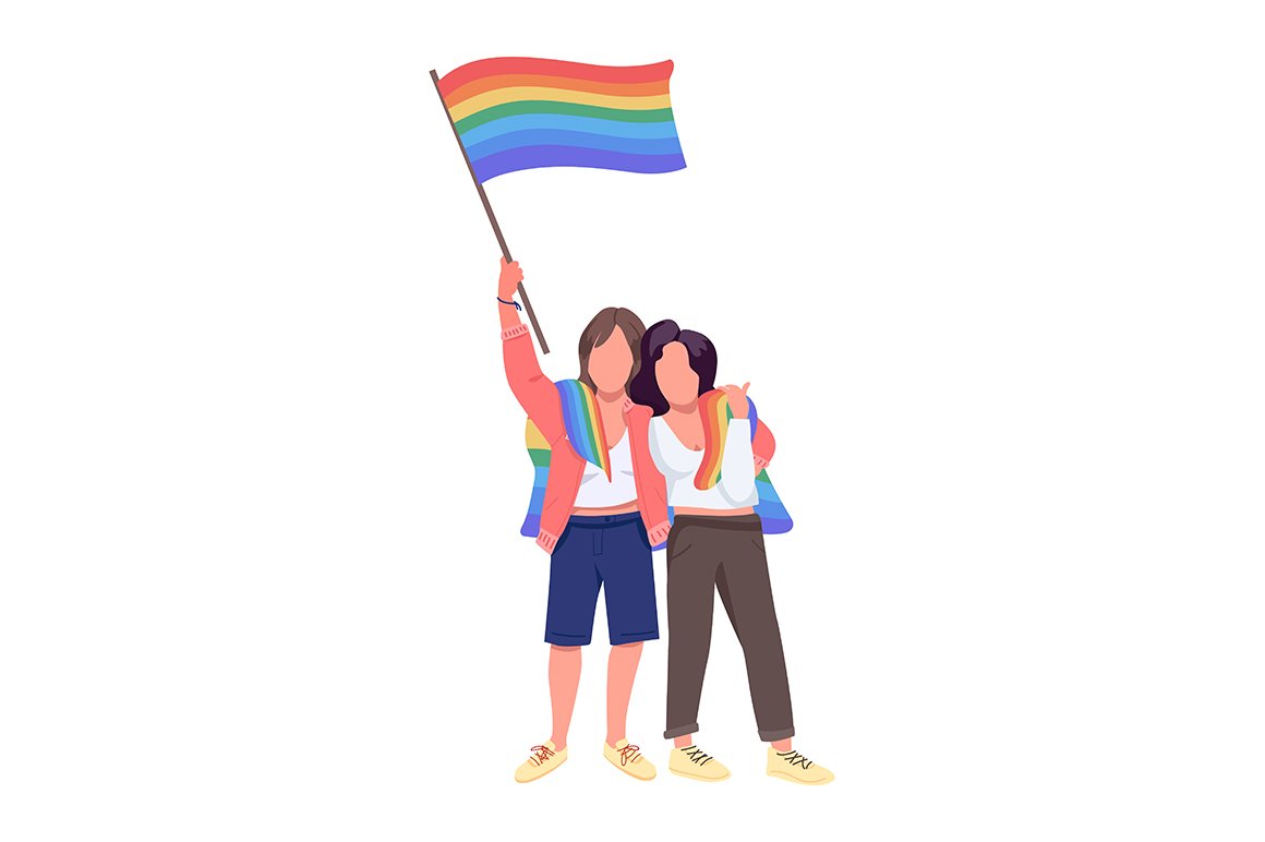 Lesbian couple with rainbow flag cover image.