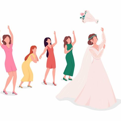 Bride throwing flowers to bridesmaid cover image.