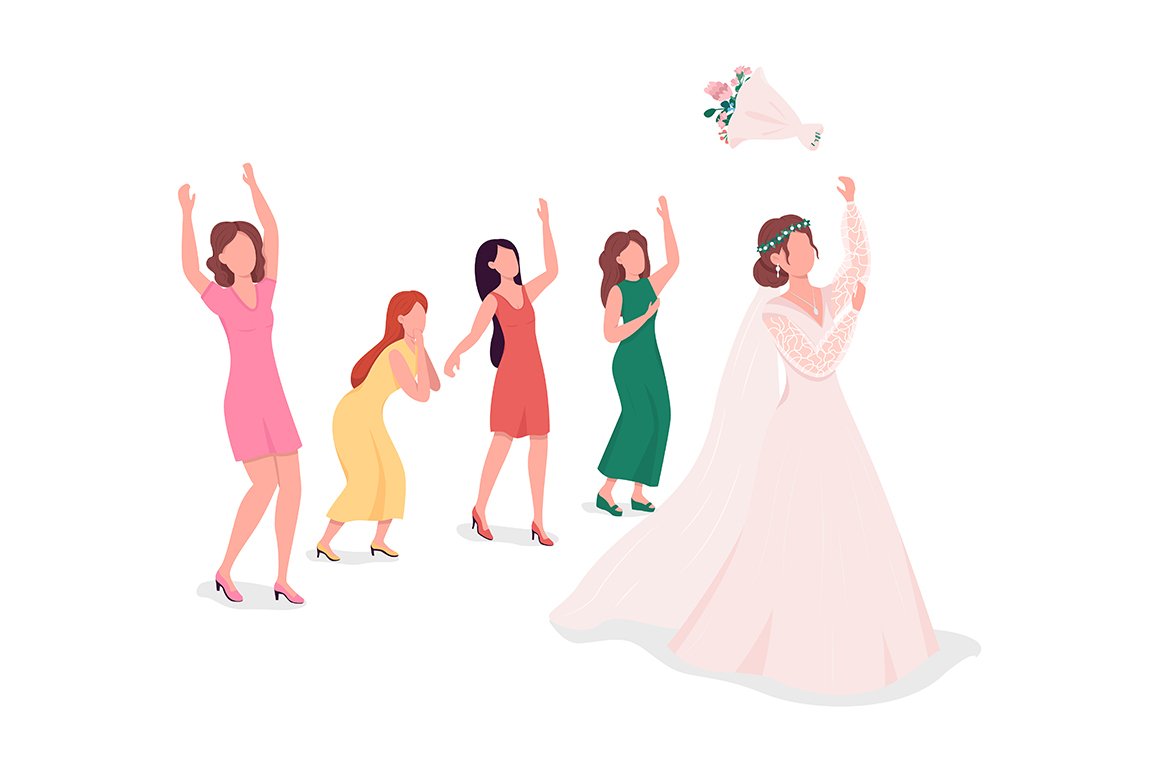 Bride throwing flowers to bridesmaid cover image.