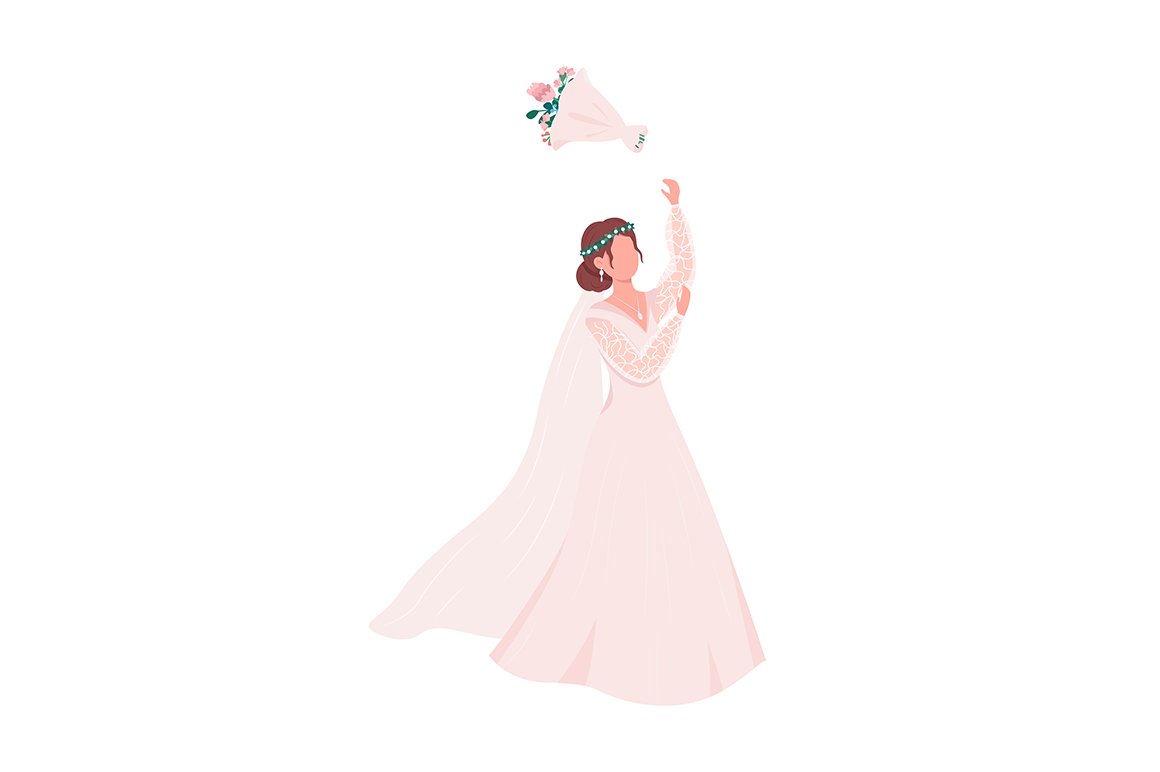 Bride throwing bouquet character cover image.