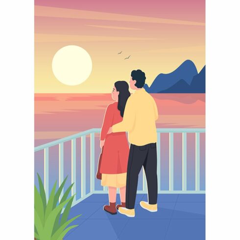 Couple watching romantic sunset cover image.