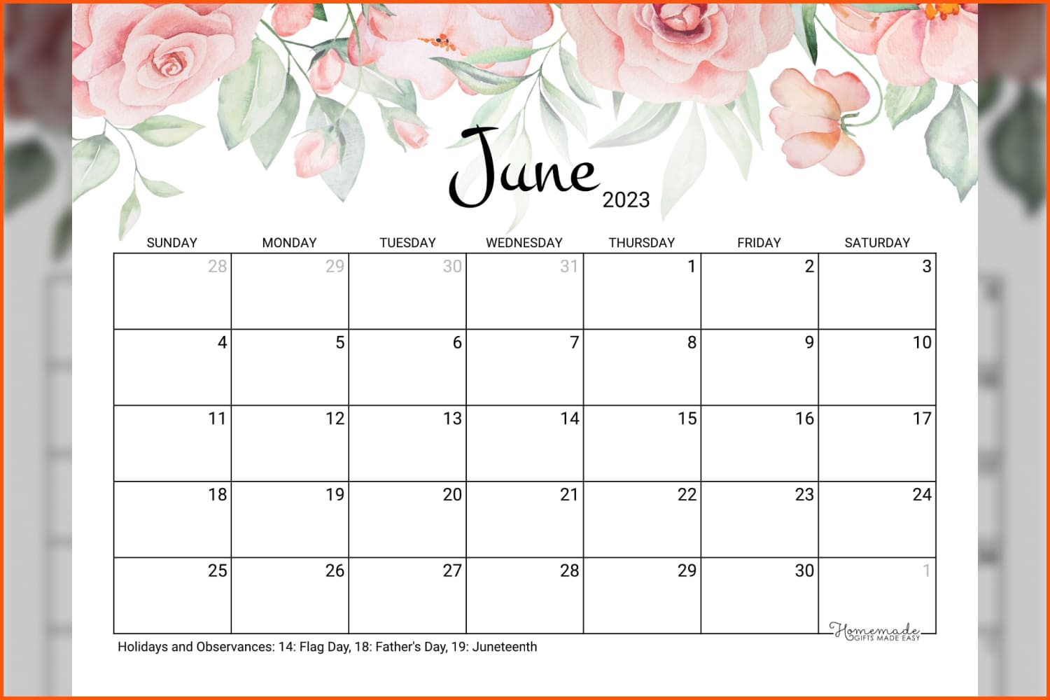 June calendar with holidays and drawings of roses.