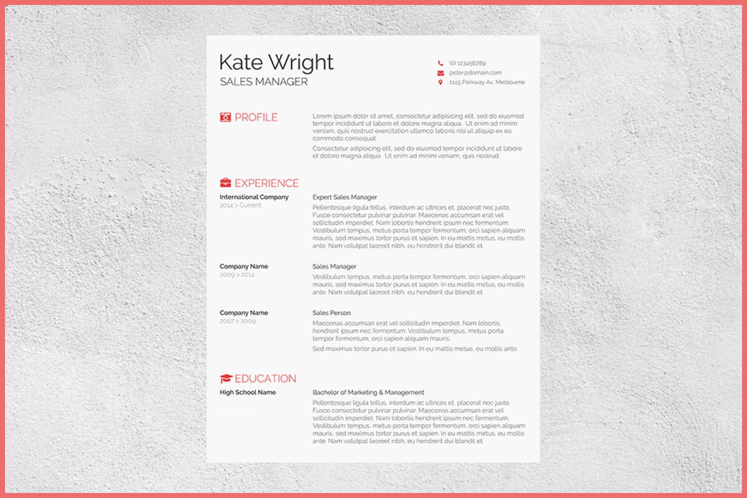 Resume with contacts, profile, experience and education with red accents.