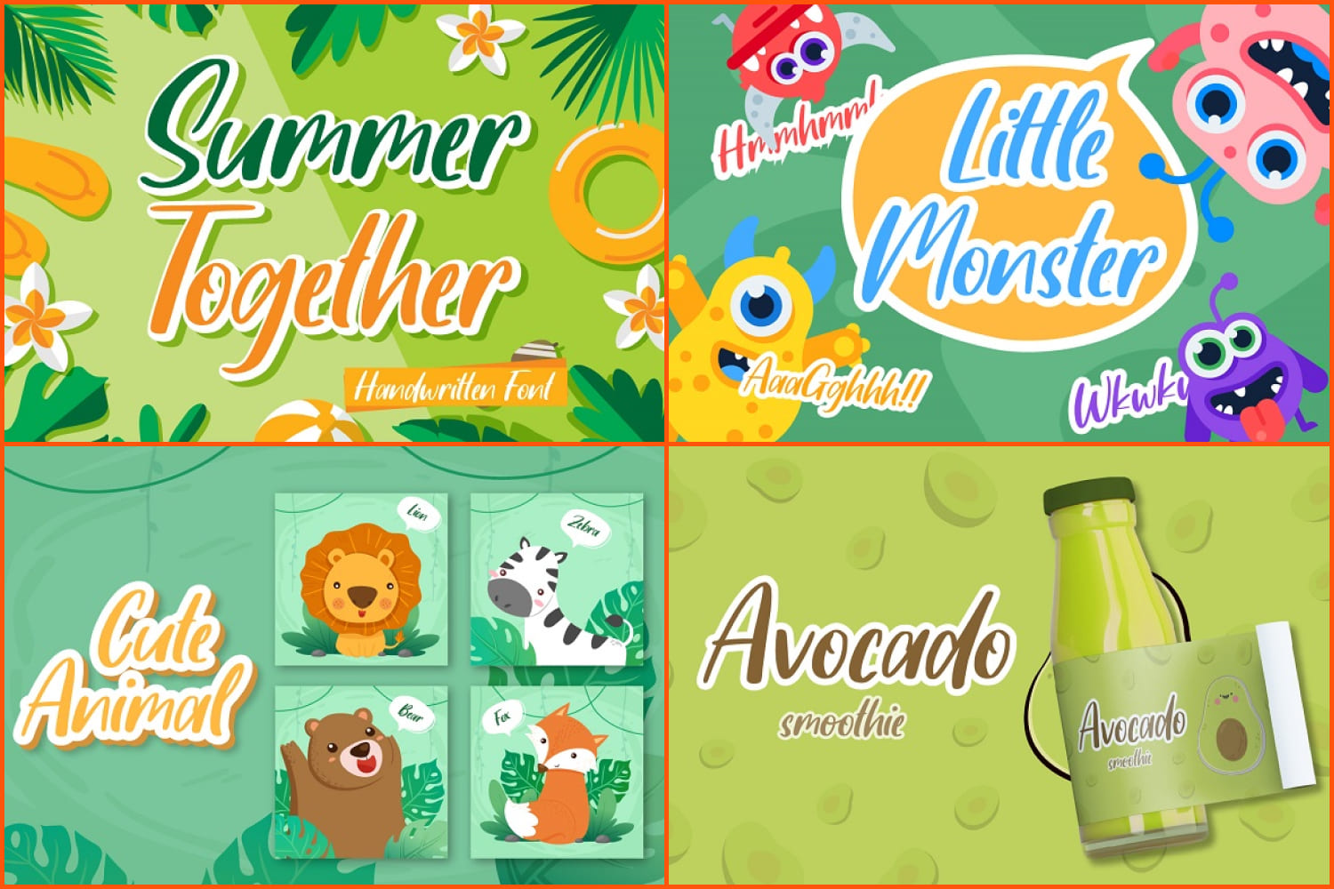 Collage of four drawings with colorful text on a green background.