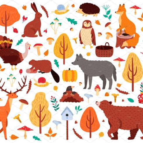 Autumn cute animals. Wild hand drawn cover image.