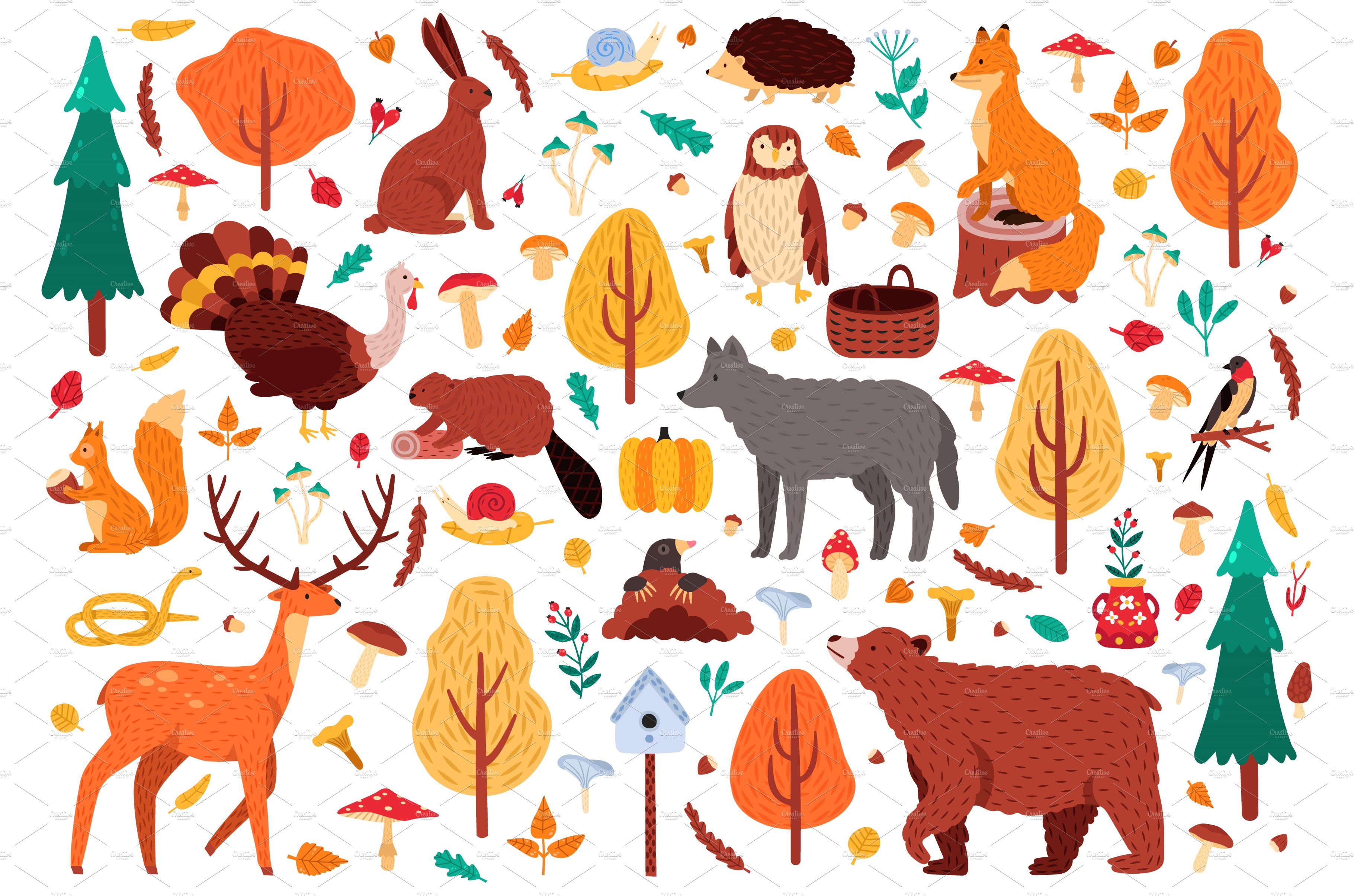 Autumn cute animals. Wild hand drawn cover image.