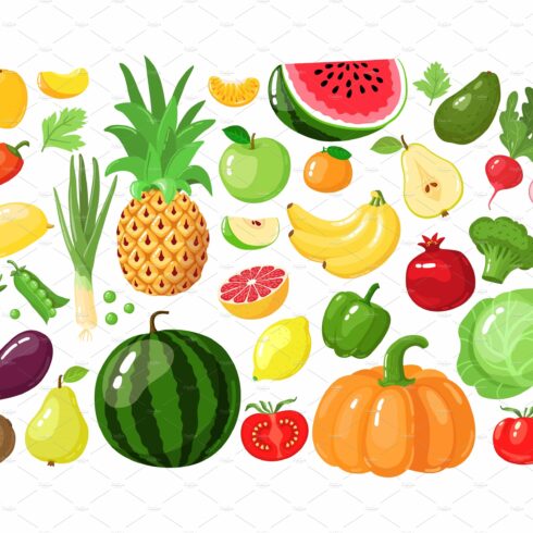 Cartoon fruits and vegetables. Vegan cover image.