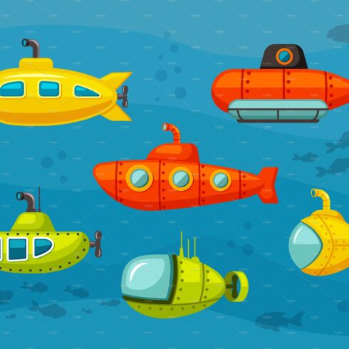 Submarines set. Yellow hilarious cover image.