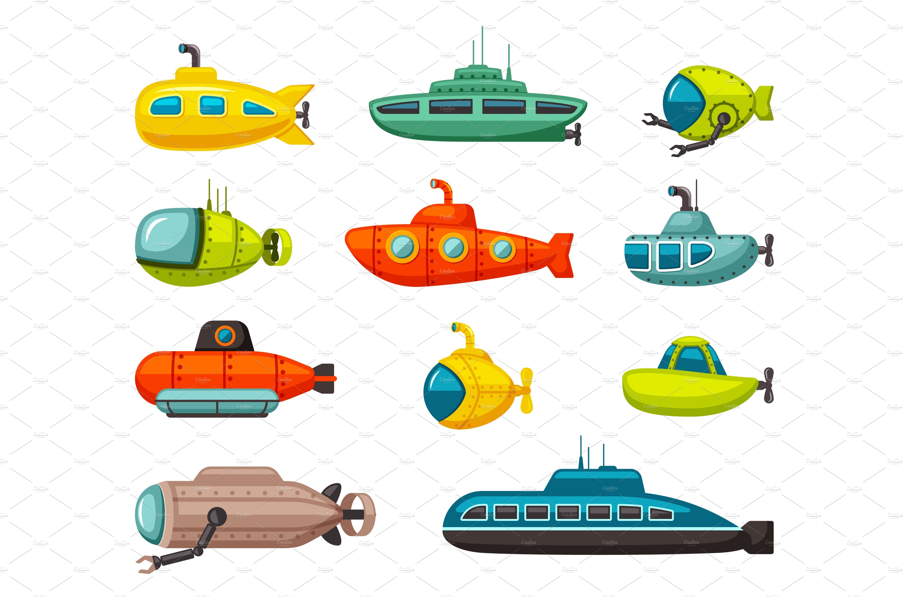 Submarines and bathyscaphes set. Red cover image.