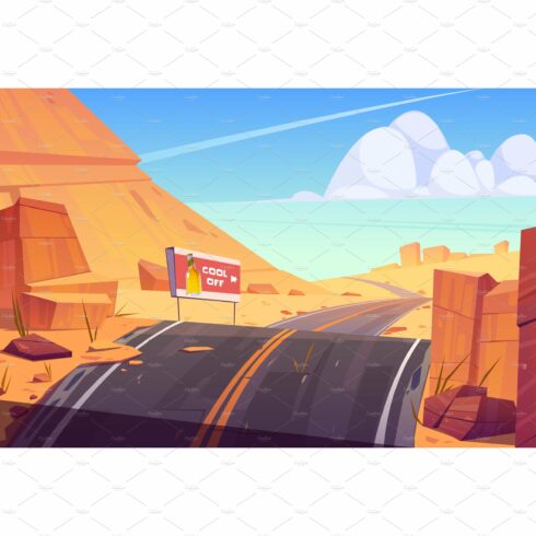 Road and billboard in desert with cover image.