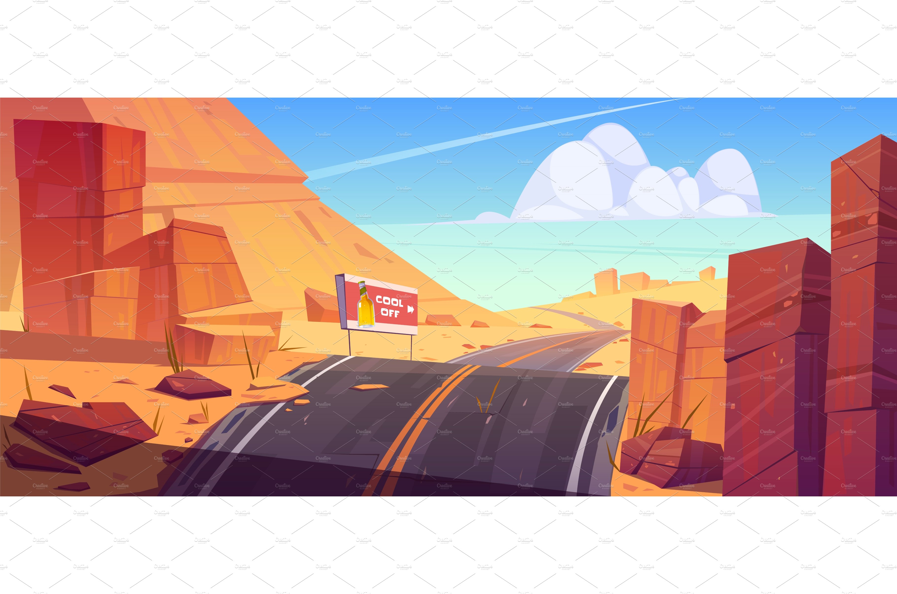 Road and billboard in desert with cover image.