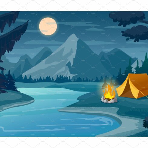 Mountain night camping. Cartoon cover image.