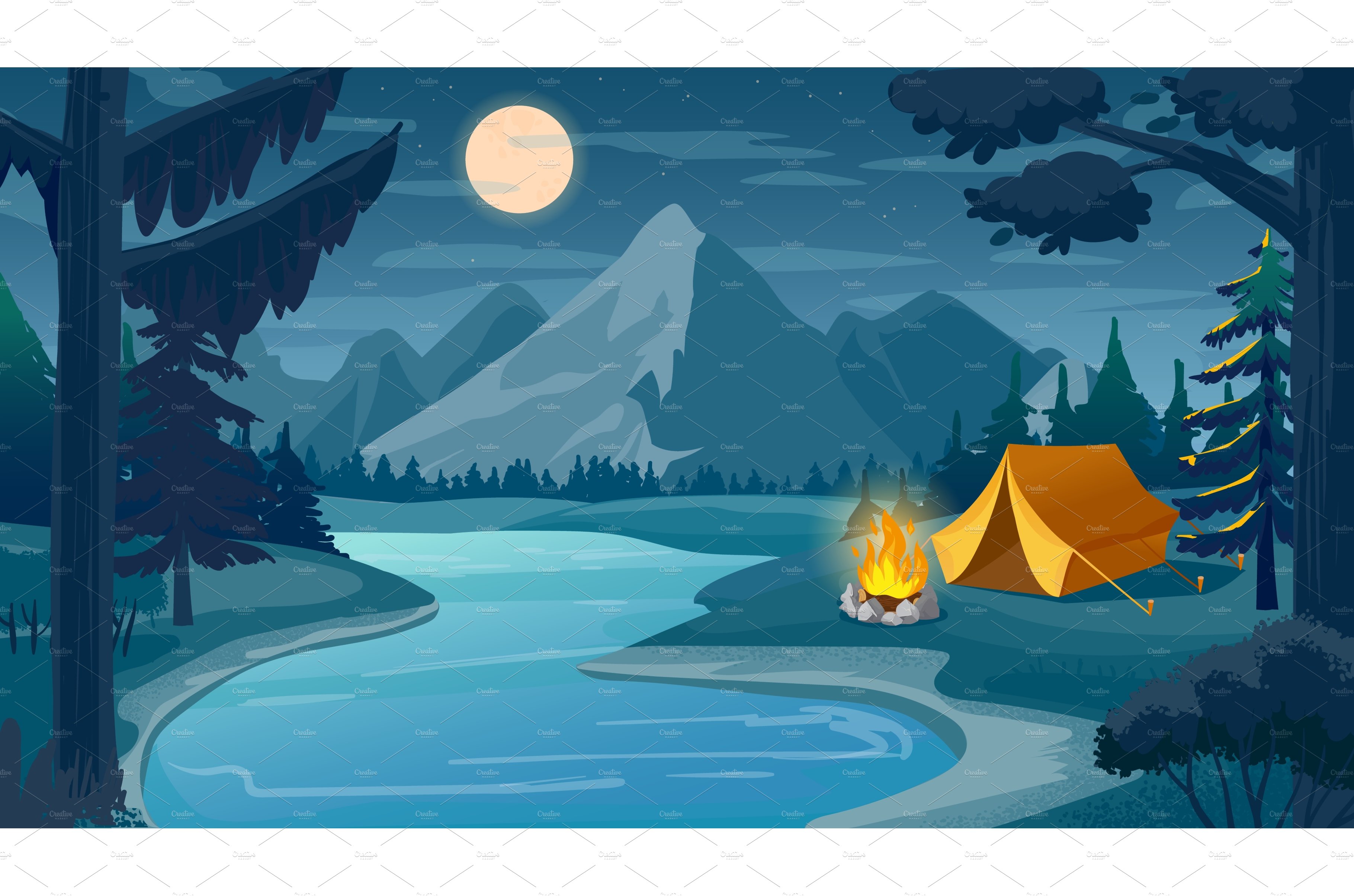 Mountain night camping. Cartoon cover image.