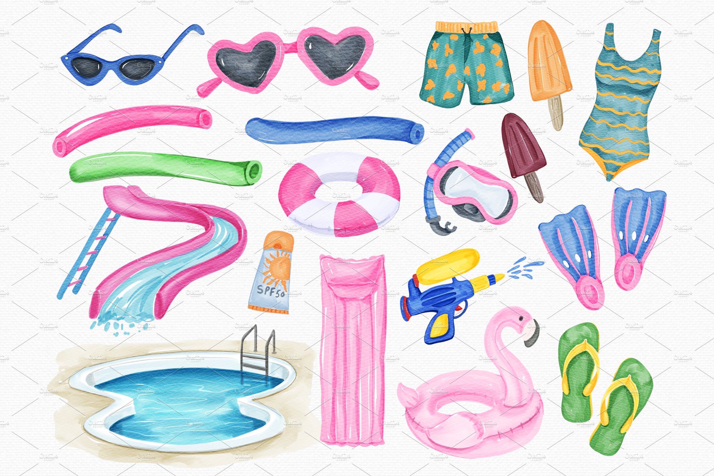 Watercolor Pool Party Clipart, swimming pool png, summer png