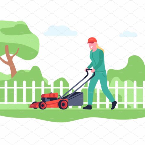 Smiling woman mowing grass with cover image.