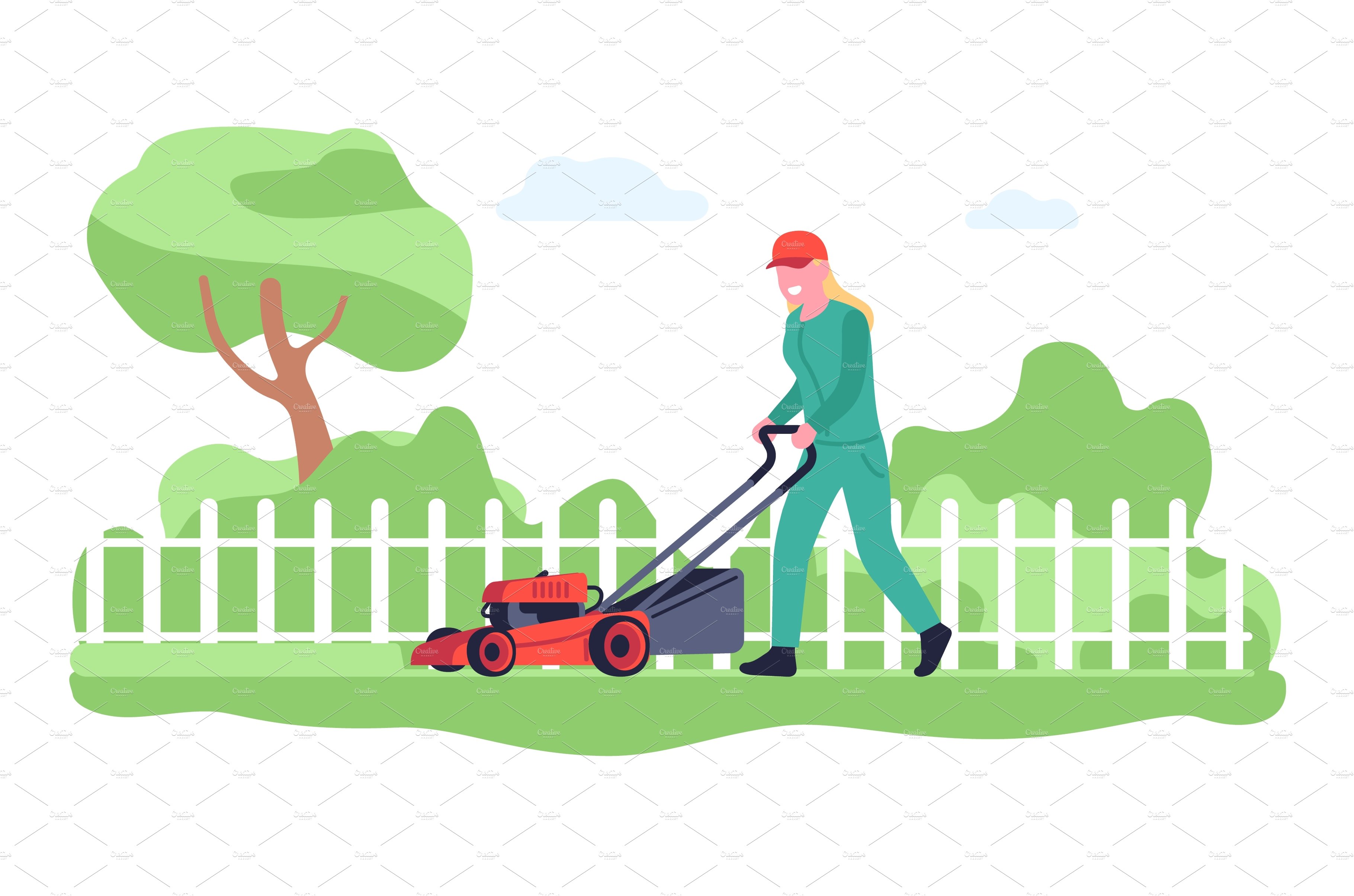 Smiling woman mowing grass with cover image.