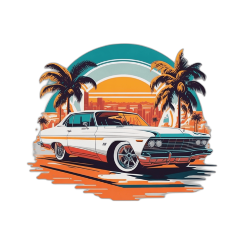 Classic car with Miami sunset view design for T-Shirt ,stock image , illustration etc cover image.