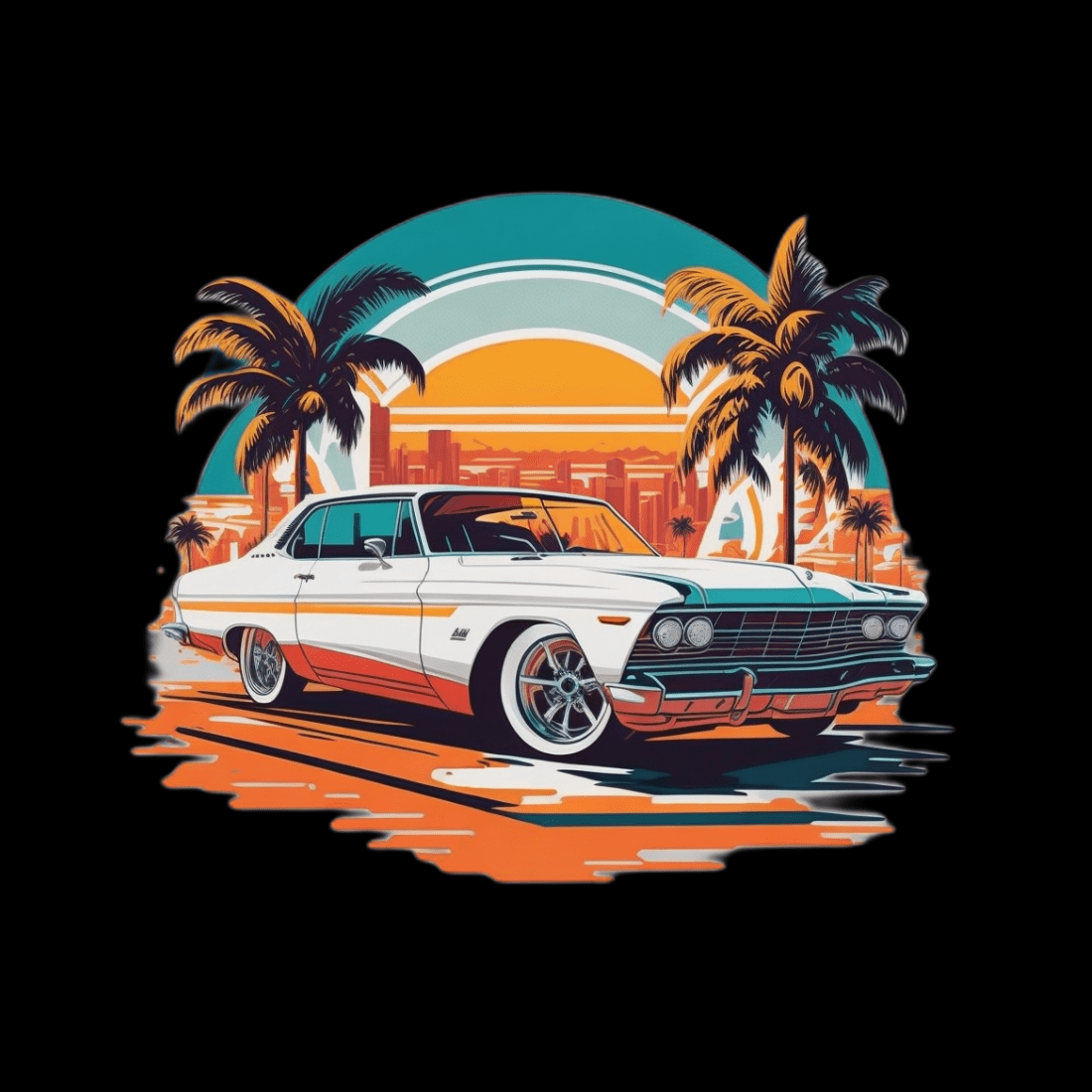 Classic car with Miami sunset view design for T-Shirt ,stock image , illustration etc preview image.
