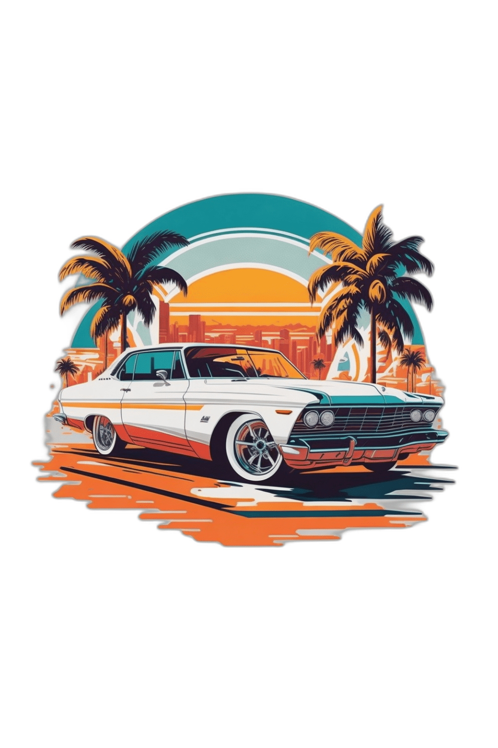 Classic car with Miami sunset view design for T-Shirt ,stock image , illustration etc pinterest preview image.