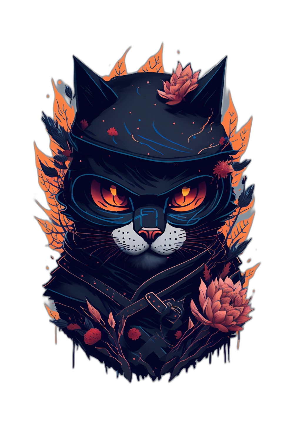 Angry cat with flower splash 4k design for T-Shirts , logos , illustrations etc pinterest preview image.