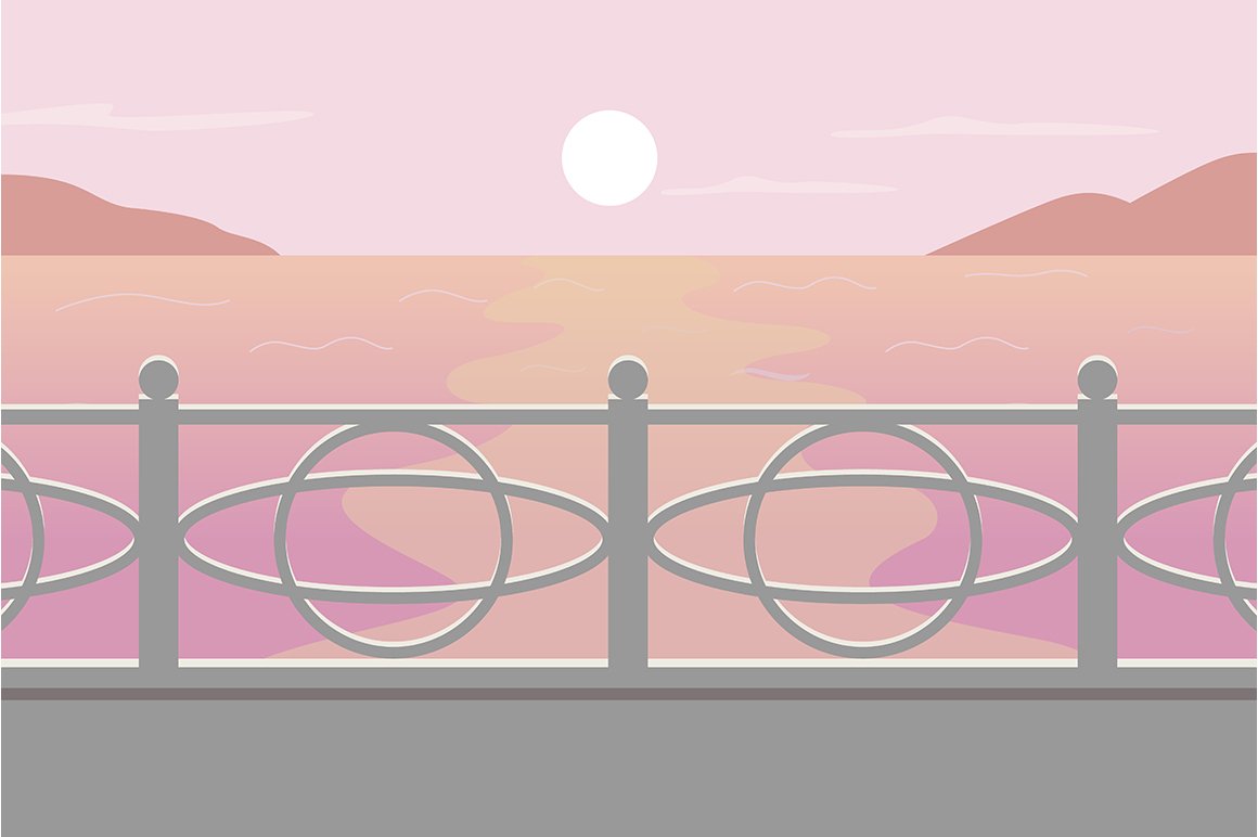 Sunset at seascape flat illustration cover image.