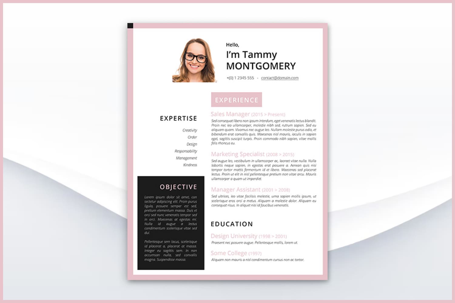 Resume with contacts, profile, experience and education with black square and pink accents.