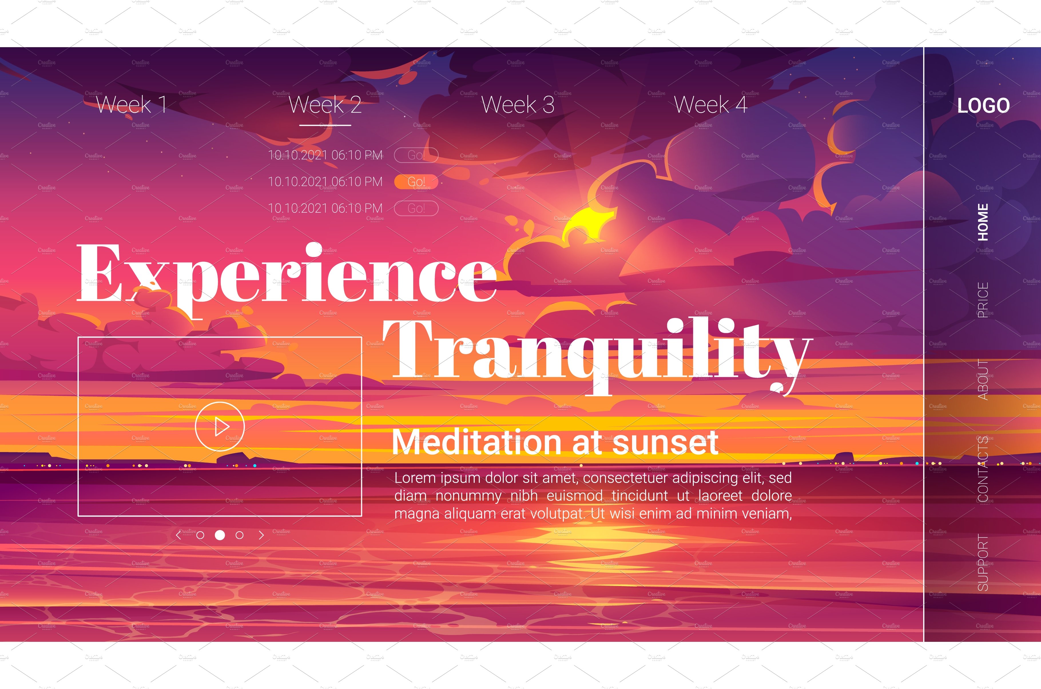 Meditation at sunset cartoon landing cover image.