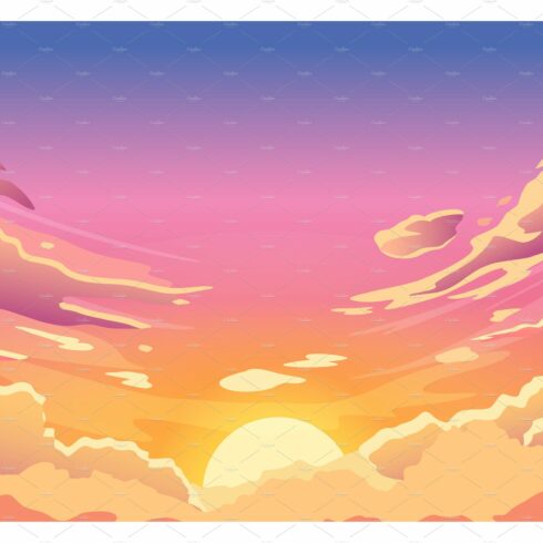 Sunset sky. Cartoon summer sunrise cover image.