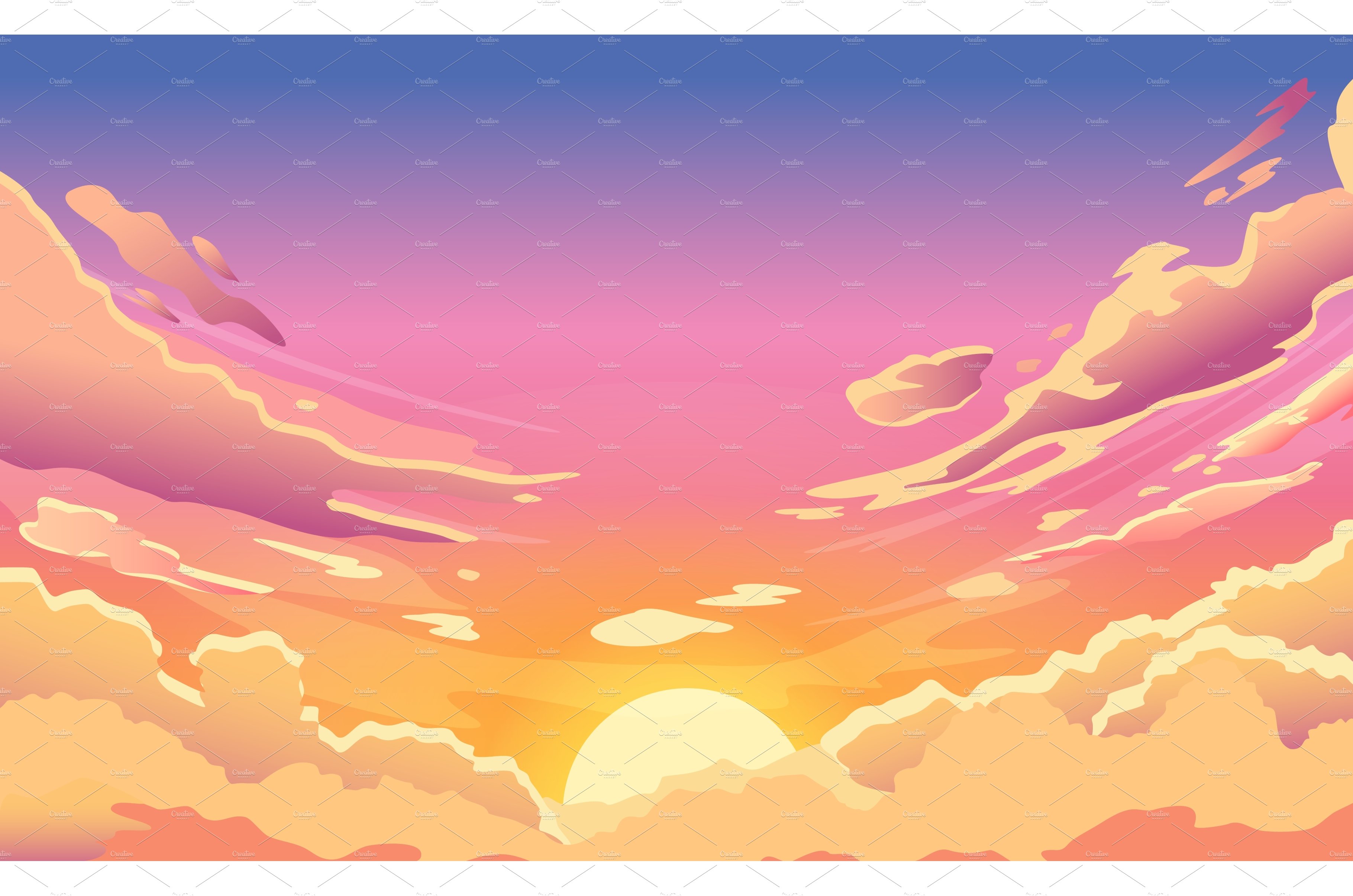 Sunset sky. Cartoon summer sunrise cover image.