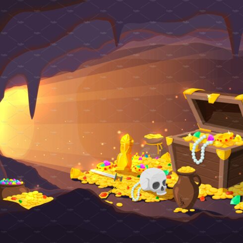 Treasure cave. Fantasy game location cover image.