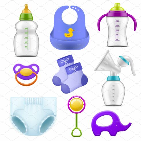 Baby care accessories. Realistic cover image.