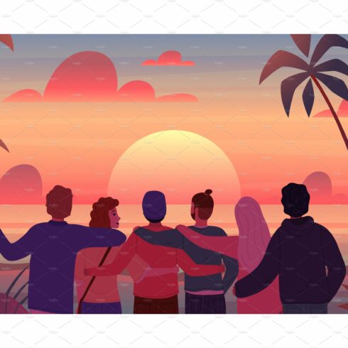 Friends at sunset. Cartoon men and cover image.