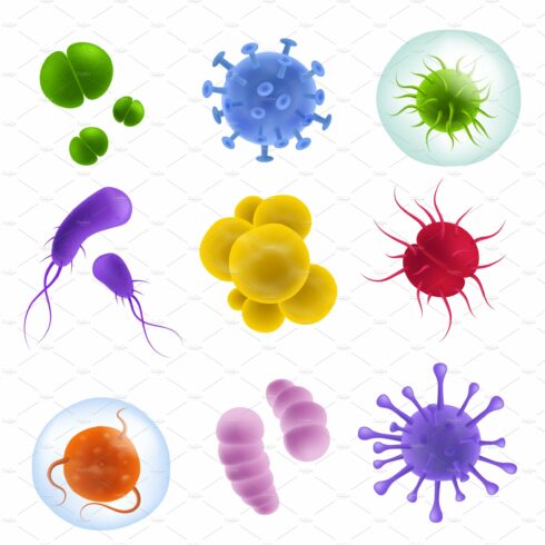 Realistic viruses types. 3d bacteria cover image.