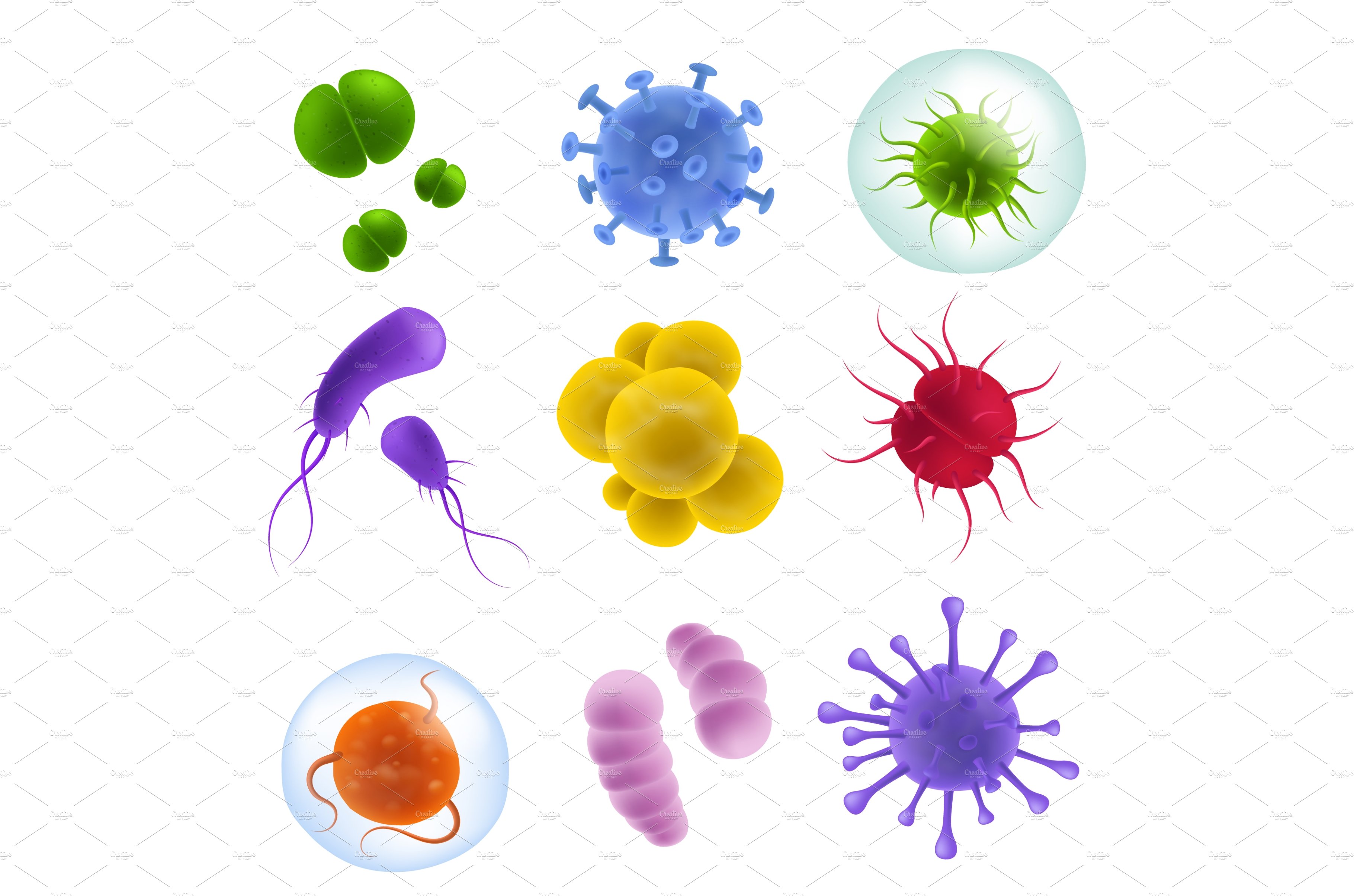 Realistic viruses types. 3d bacteria cover image.