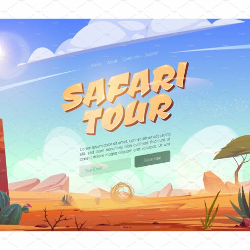 Safari tour cartoon landing page cover image.