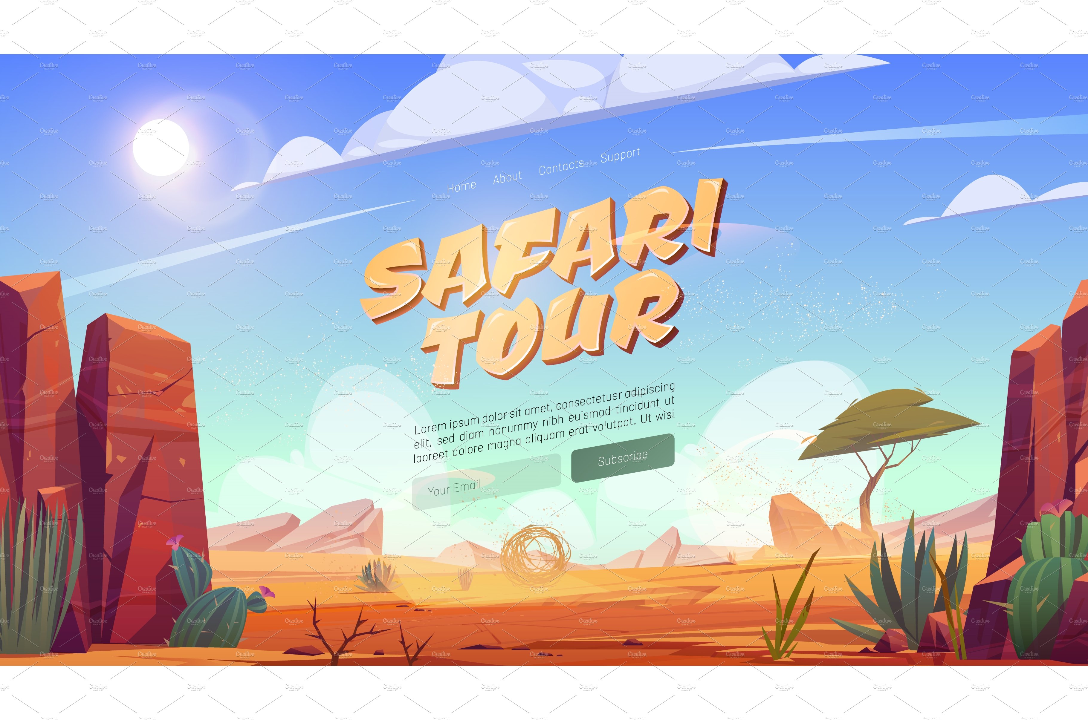 Safari tour cartoon landing page cover image.