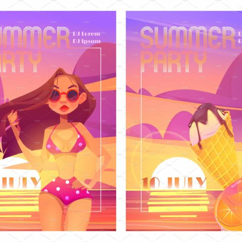 Summer party posters with woman in cover image.