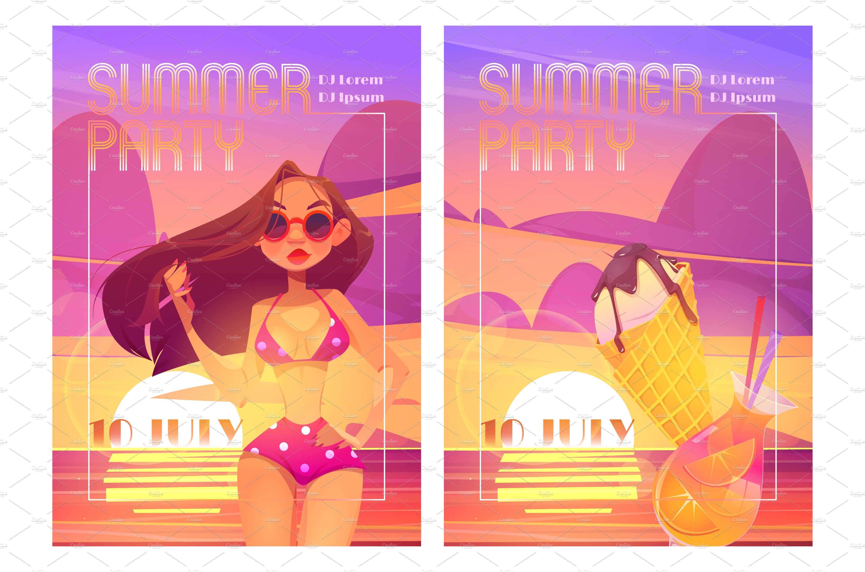 Summer party posters with woman in cover image.