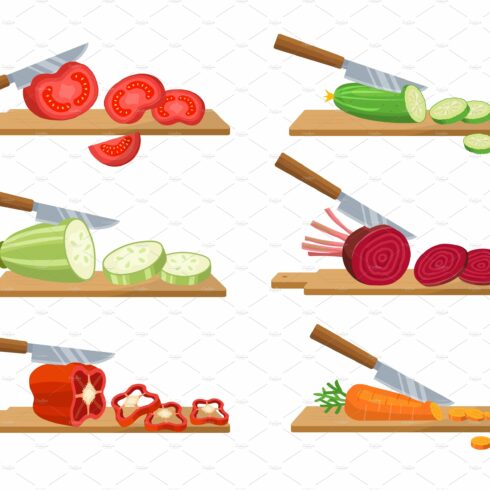 Cutting vegetables. Slices salad cover image.