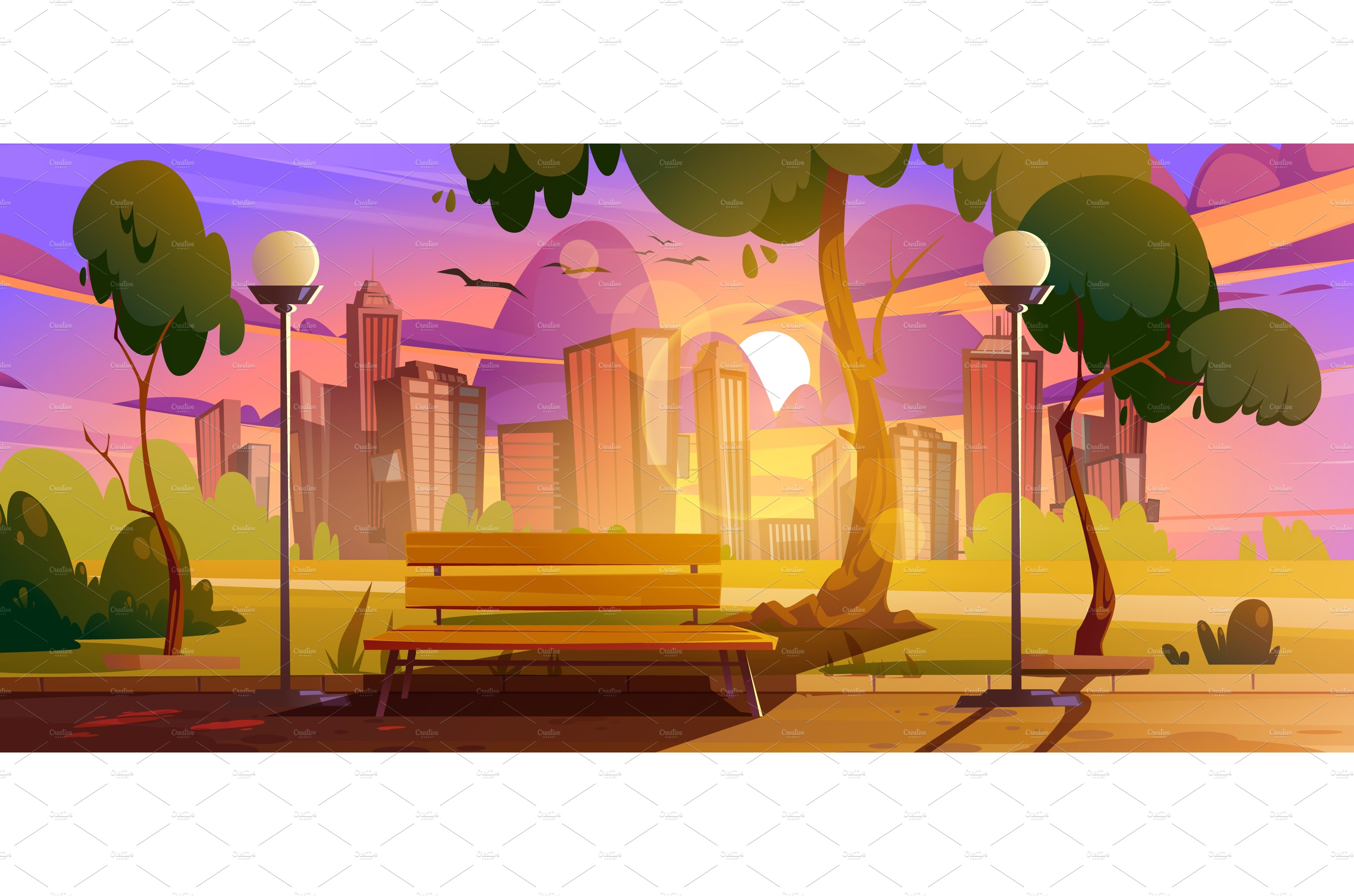 City park with bench sunset cover image.