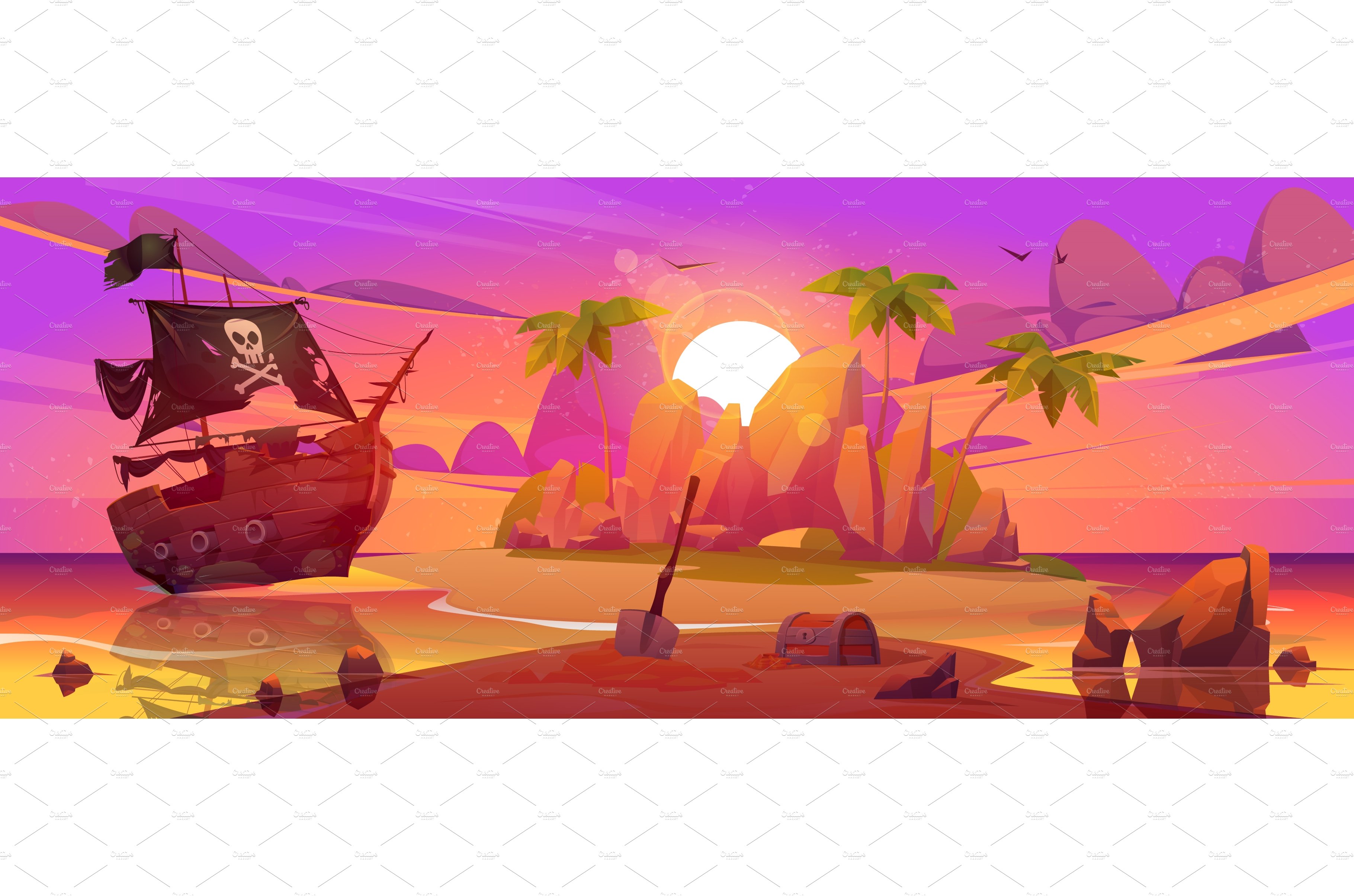 Pirate ship moored on secret island cover image.