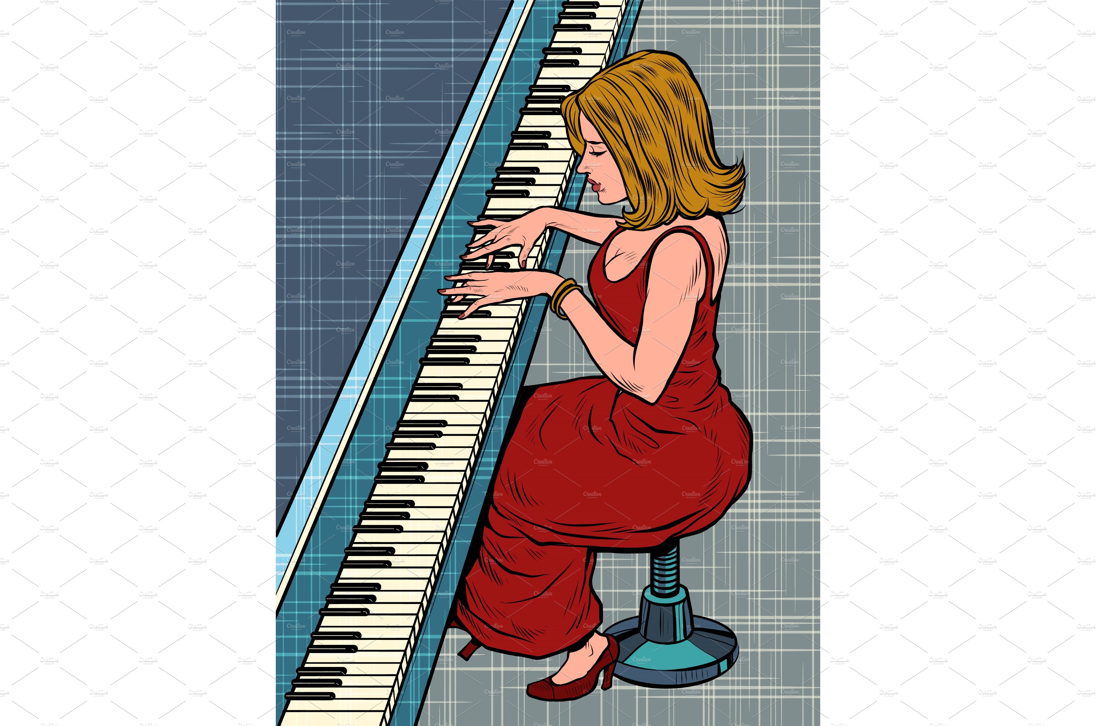 A woman plays the piano. Music and cover image.