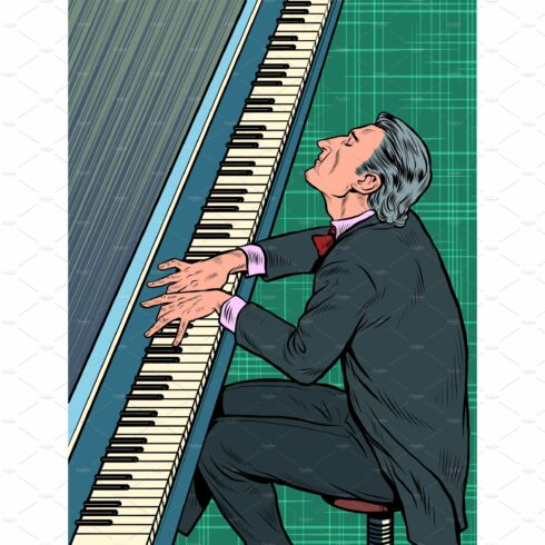 Male musician plays the piano. Jazz cover image.