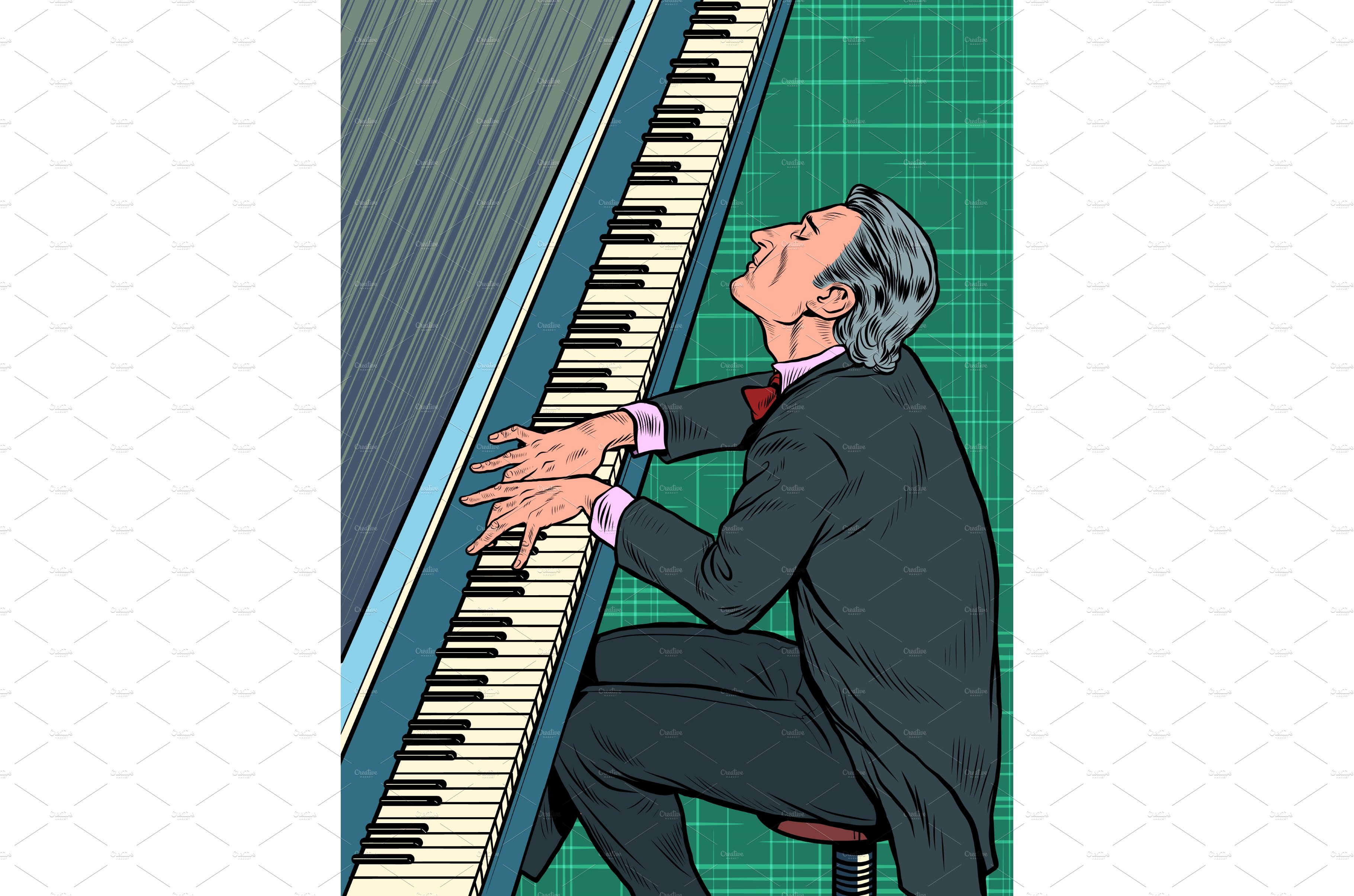 Male musician plays the piano. Jazz cover image.