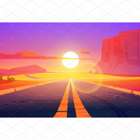 Road in desert sunset scenery cover image.