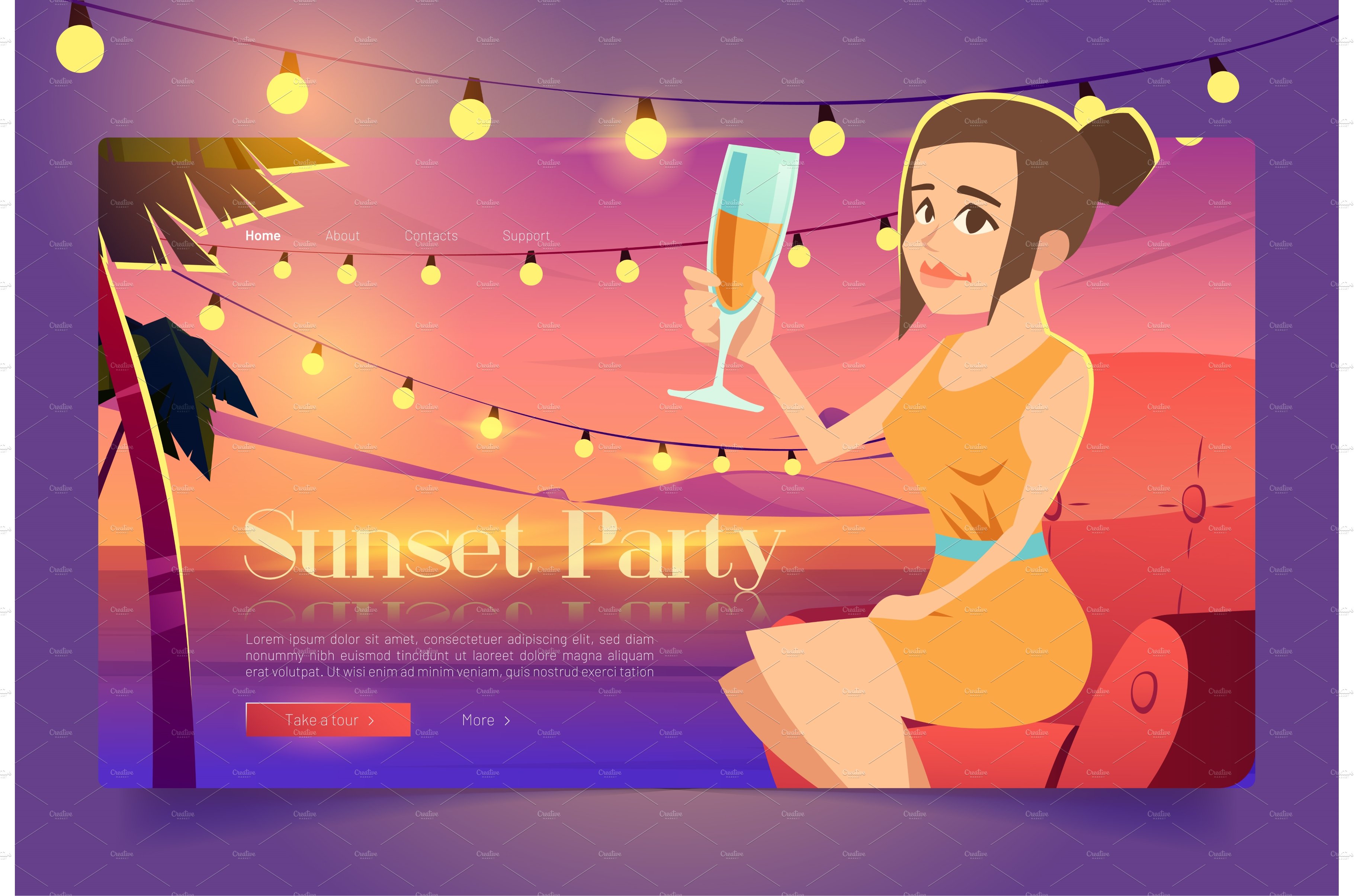 Sunset party banner with woman on cover image.