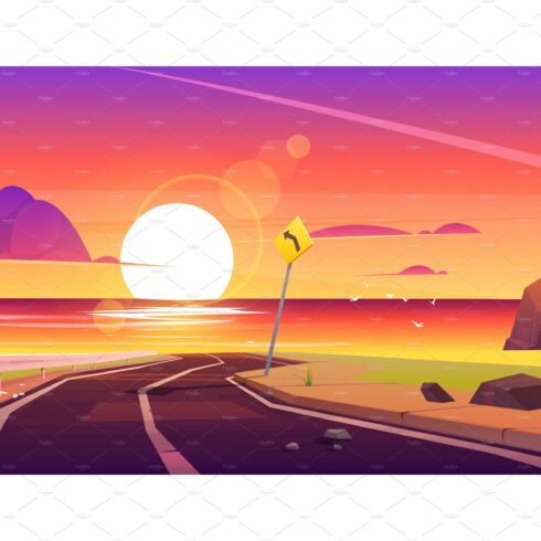 Road to sea beach sunset landscape cover image.