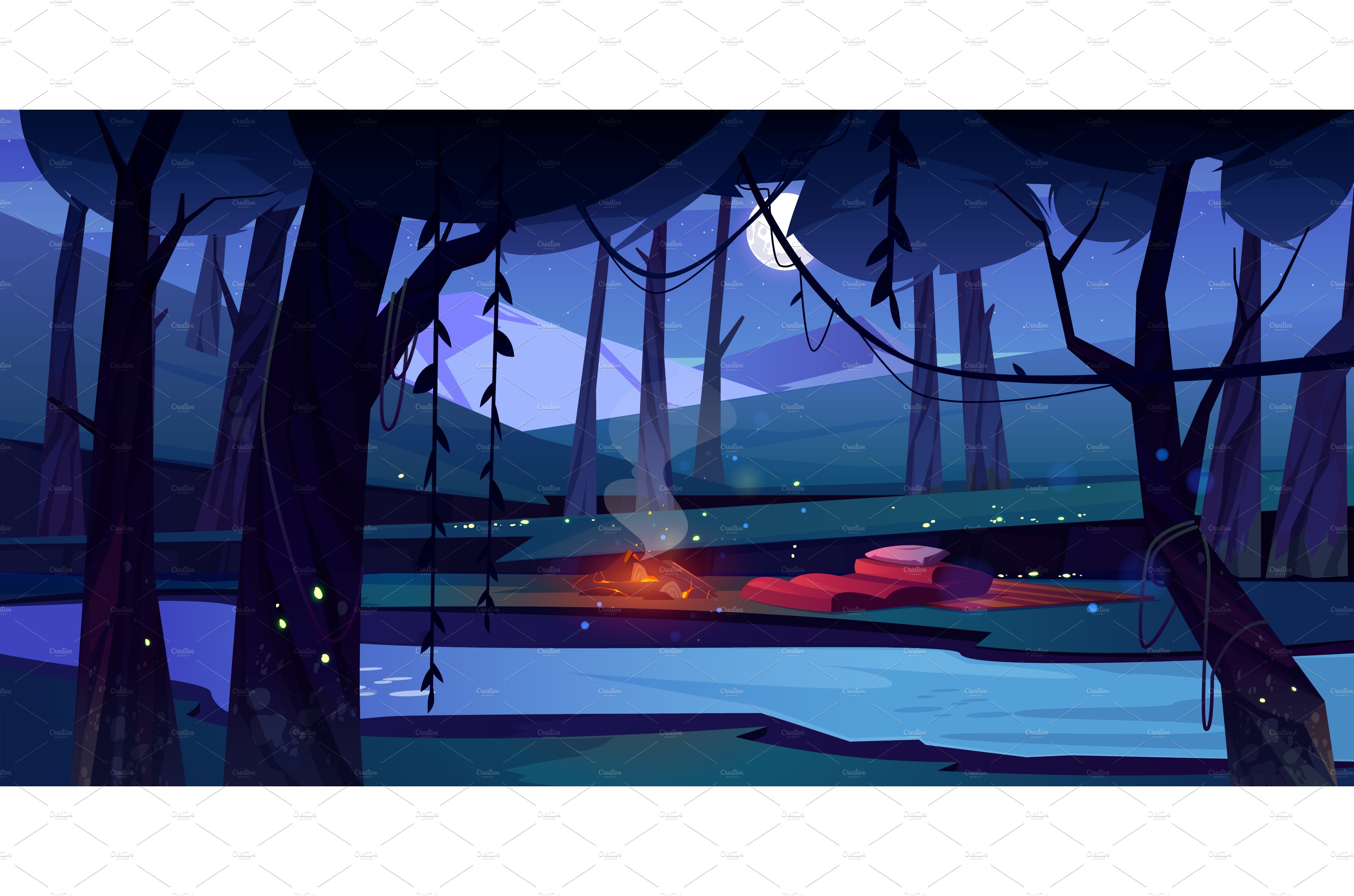 Night forest with camp, fire, river cover image.